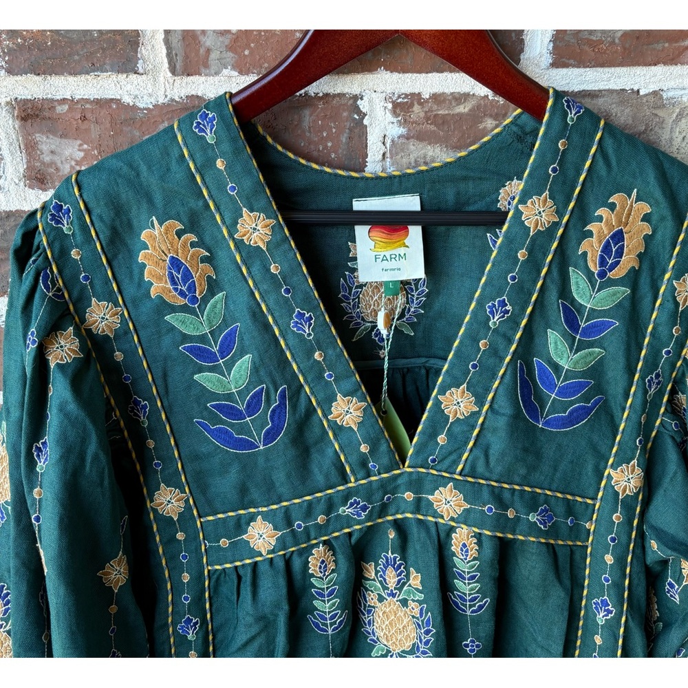 FARM Rio Pineapple Embroidered Green Linen Tunic Maxi Dress Size Large NWT - Picture 5 of 16